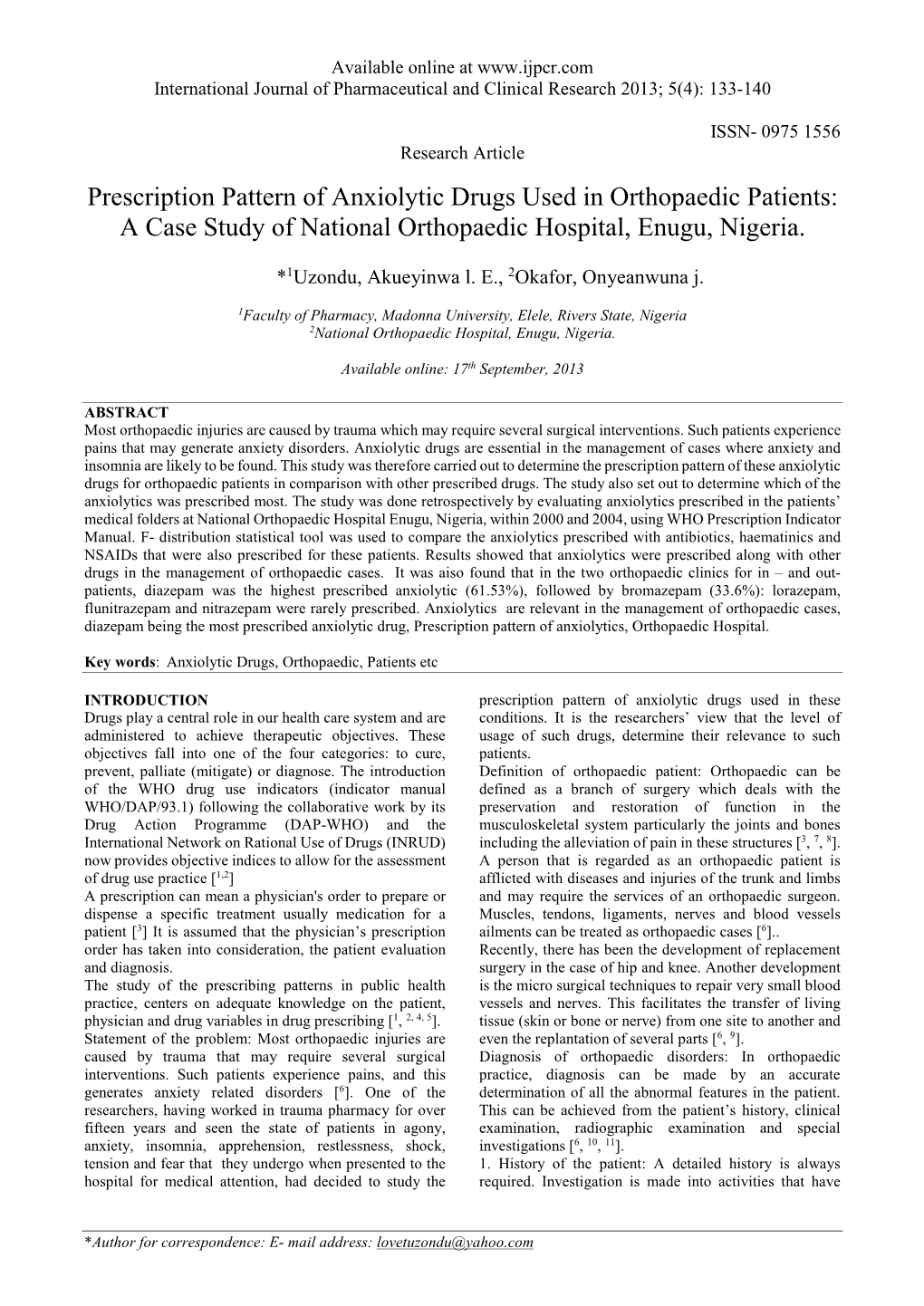 Prescription Pattern of Anxiolytic Drugs Used in Orthopaedic Patients: a Case Study of National Orthopaedic Hospital, Enugu, Nigeria