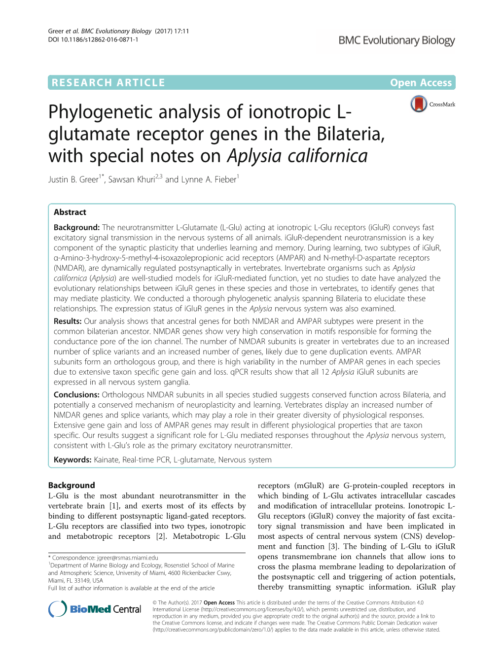 Phylogenetic Analysis of Ionotropic L-Glutamate Receptor Genes in The