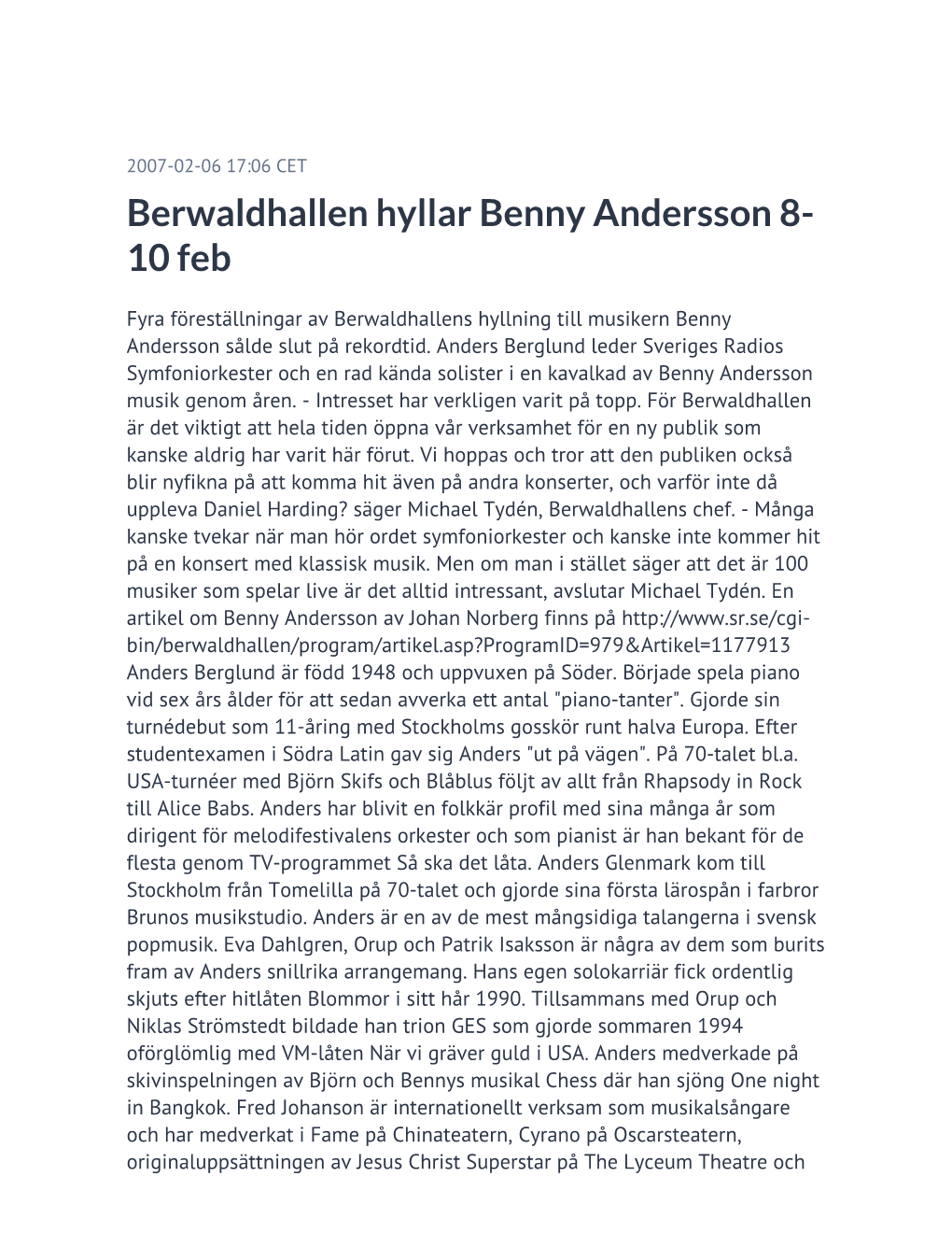 Berwaldhallen Hyllar Benny Andersson 8-10