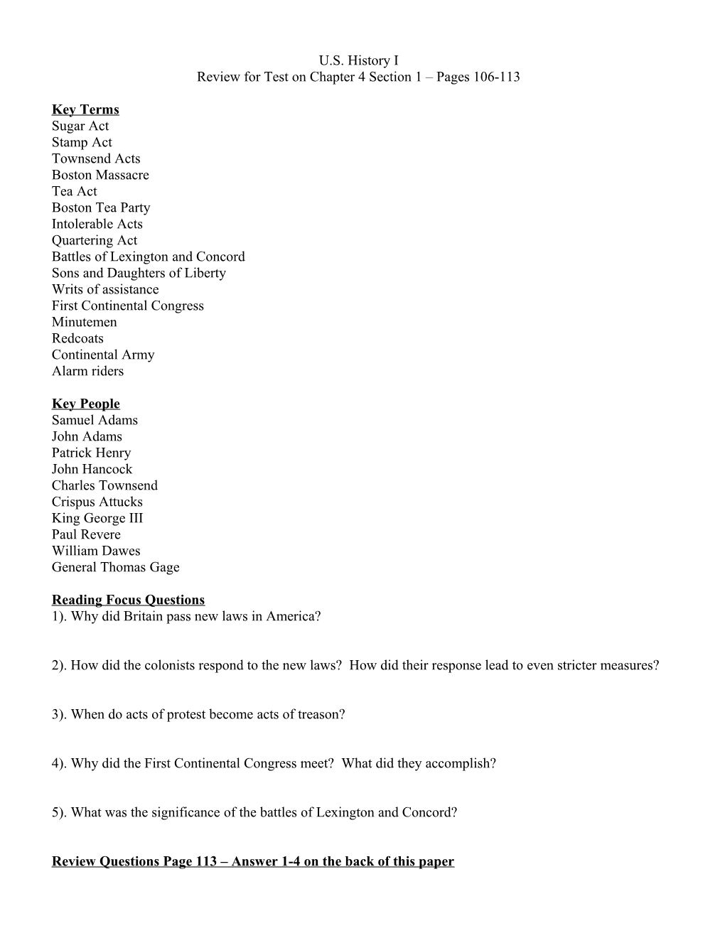 Review for Test on Chapter 4 Section 1 Pages 106-113