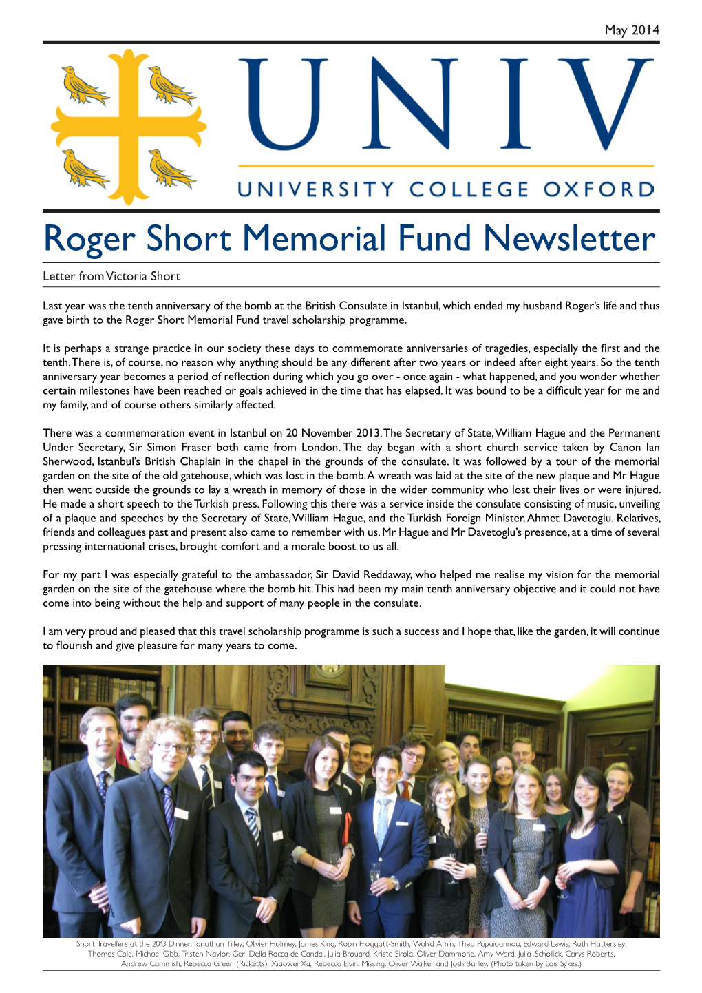 Roger Short Memorial Fund Newsletter Letter from Victoria Short