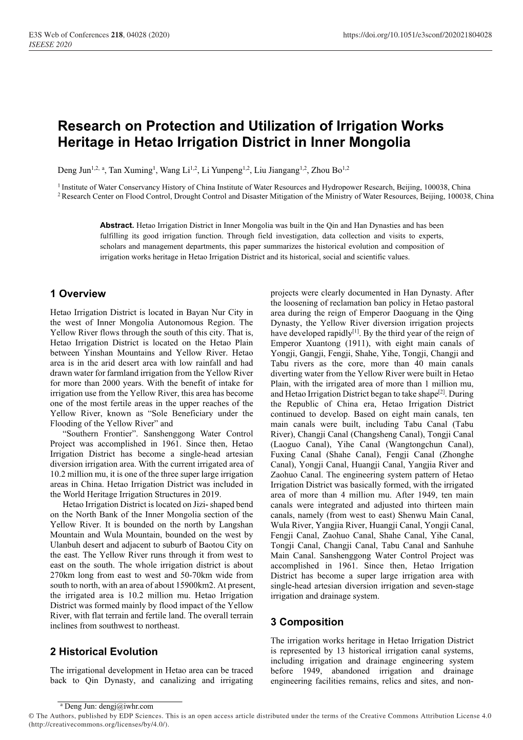 Research on Protection and Utilization of Irrigation Works Heritage in Hetao Irrigation District in Inner Mongolia