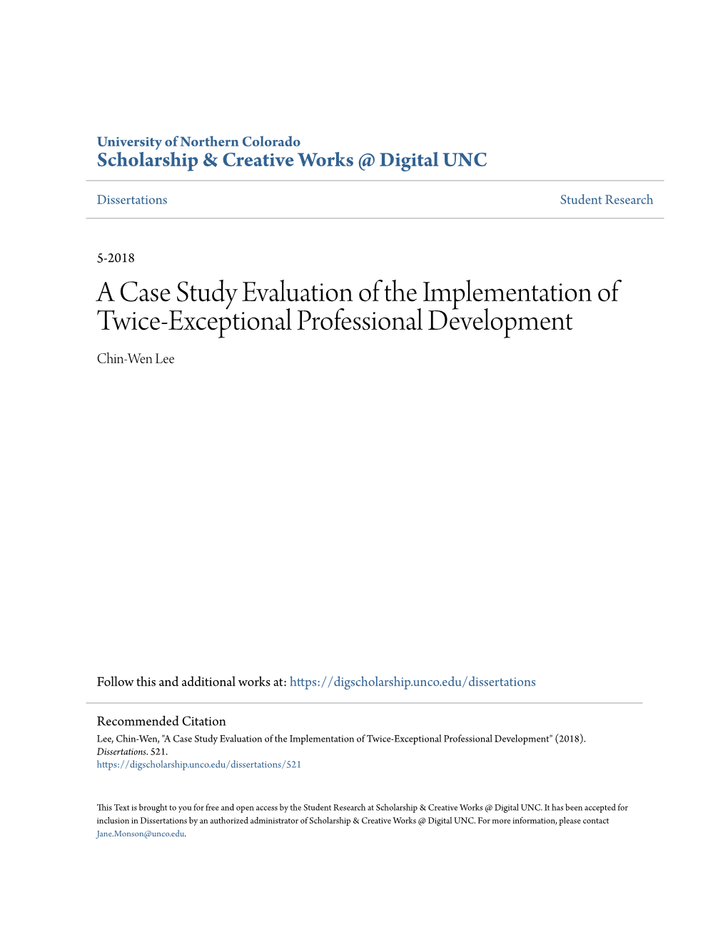 A Case Study Evaluation of the Implementation of Twice-Exceptional Professional Development Chin-Wen Lee