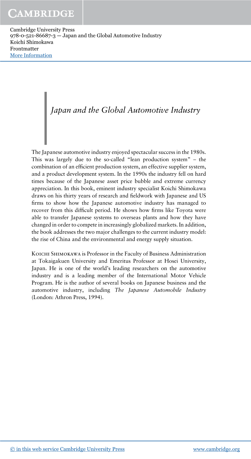 Japan and the Global Automotive Industry Koichi Shimokawa Frontmatter More Information