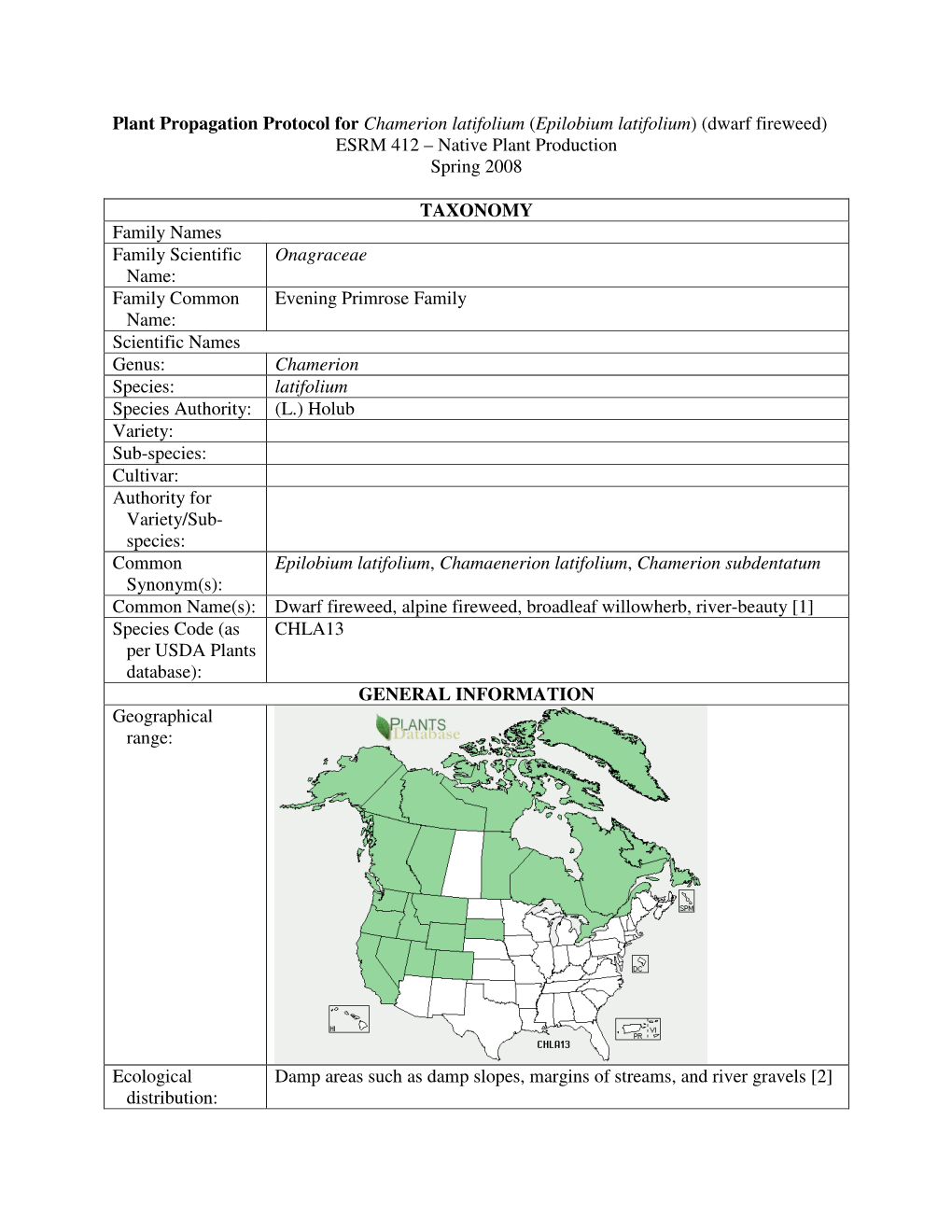 Plant Propagation Protocol for Chamerion Latifolium (Epilobium