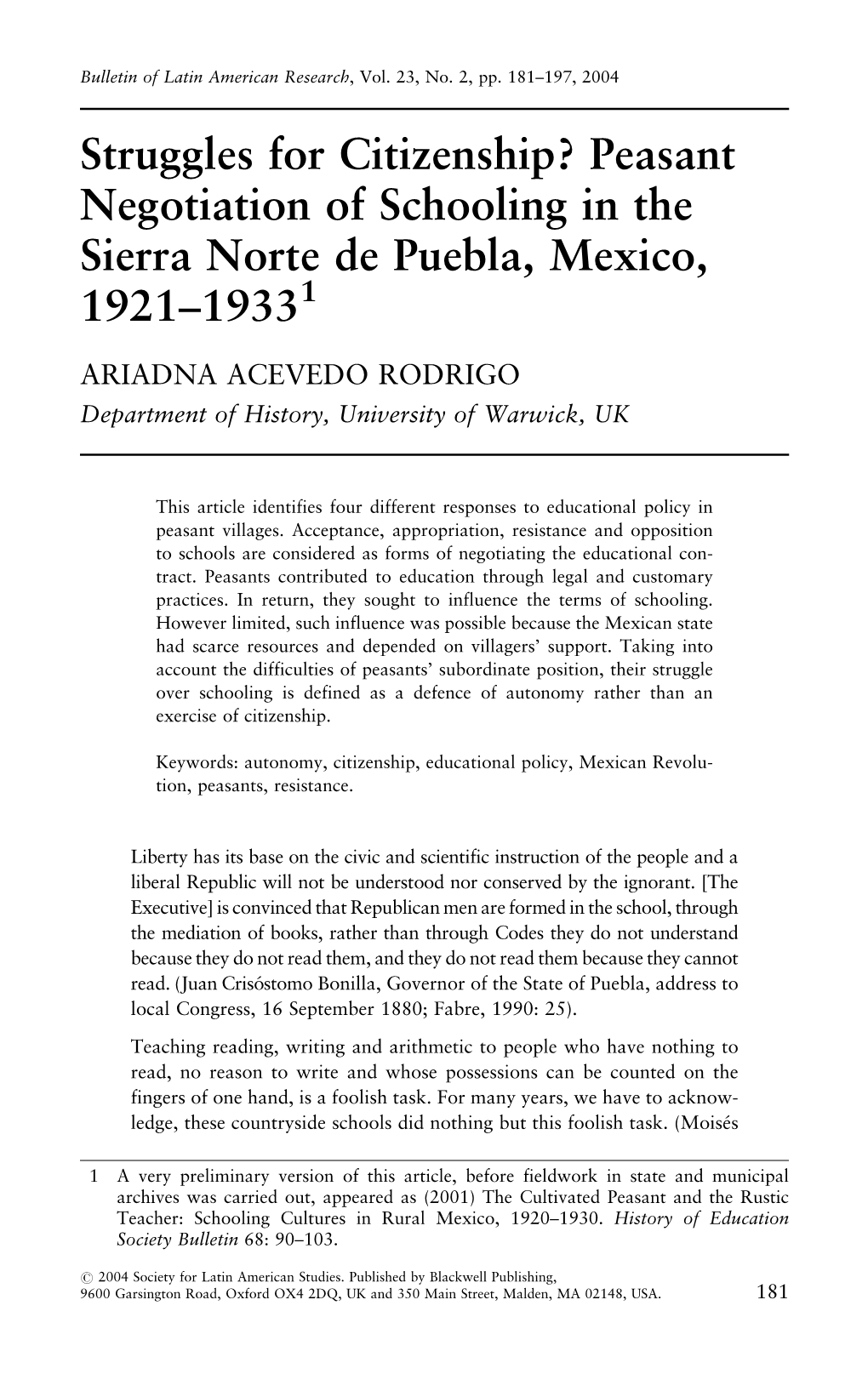 Peasant Negotiation of Schooling in the Sierra Norte De Puebla, Mexico, 1921–19331