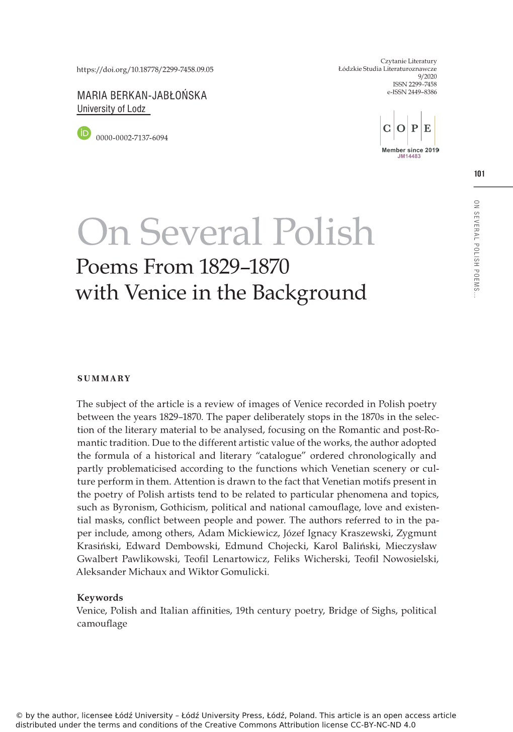 ON SEVERAL POLISH POEMS… POLISH on SEVERAL on Several Polish Poems from 1829–1870 with Venice in the Background