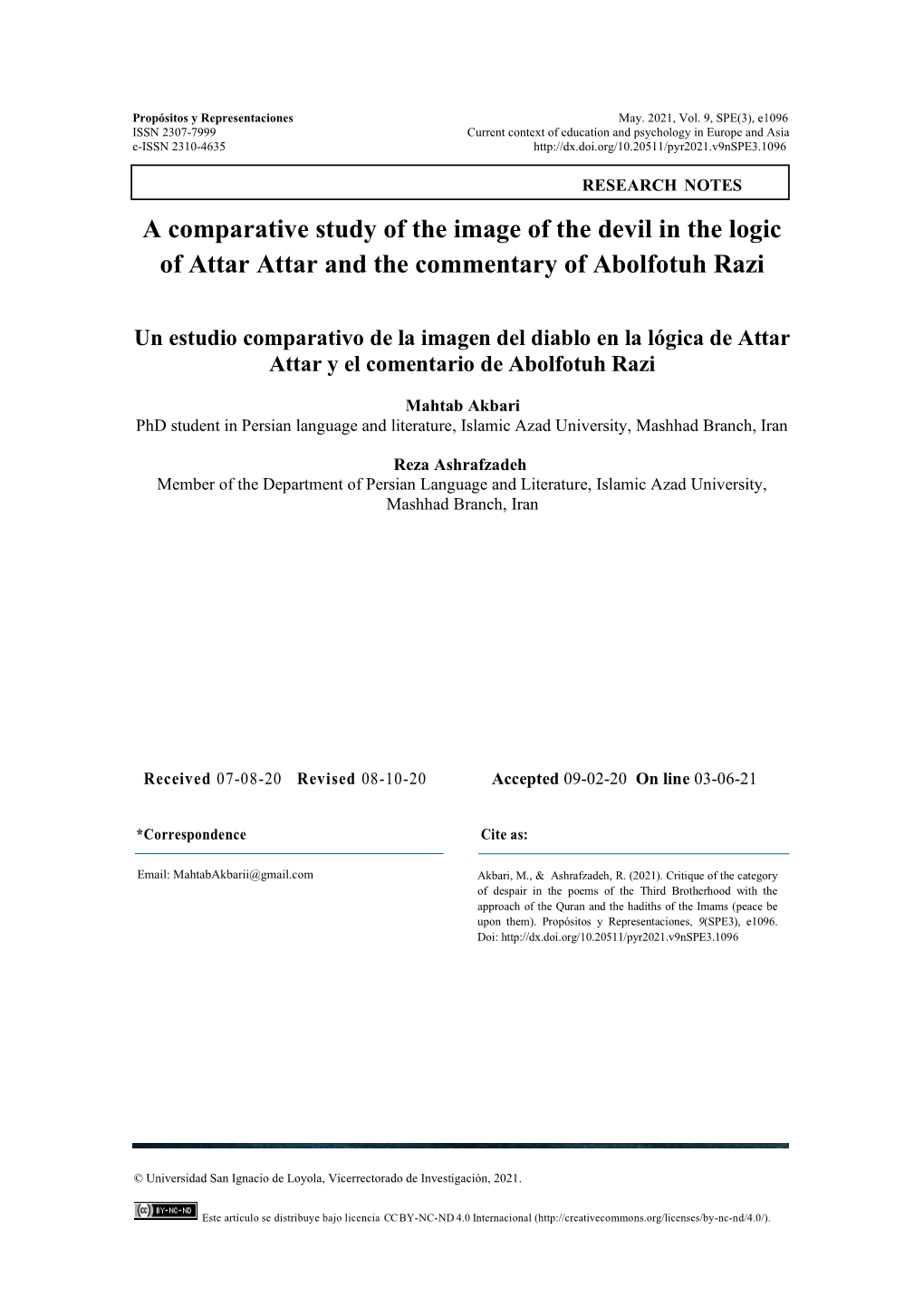 A Comparative Study of the Image of the Devil in the Logic of Attar Attar and the Commentary of Abolfotuh Razi