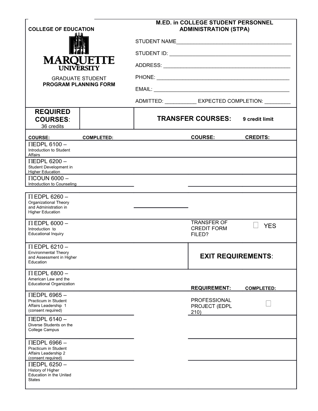 College of Education Graduate Student Program Planning Form