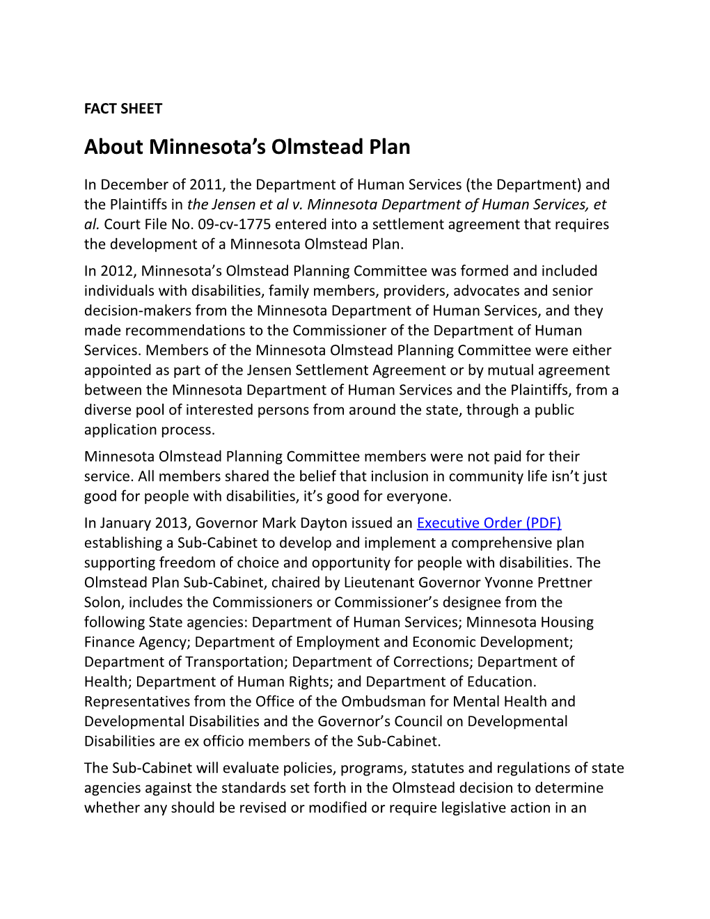 Fact Sheet: About Minnesota S Olmstead Plan