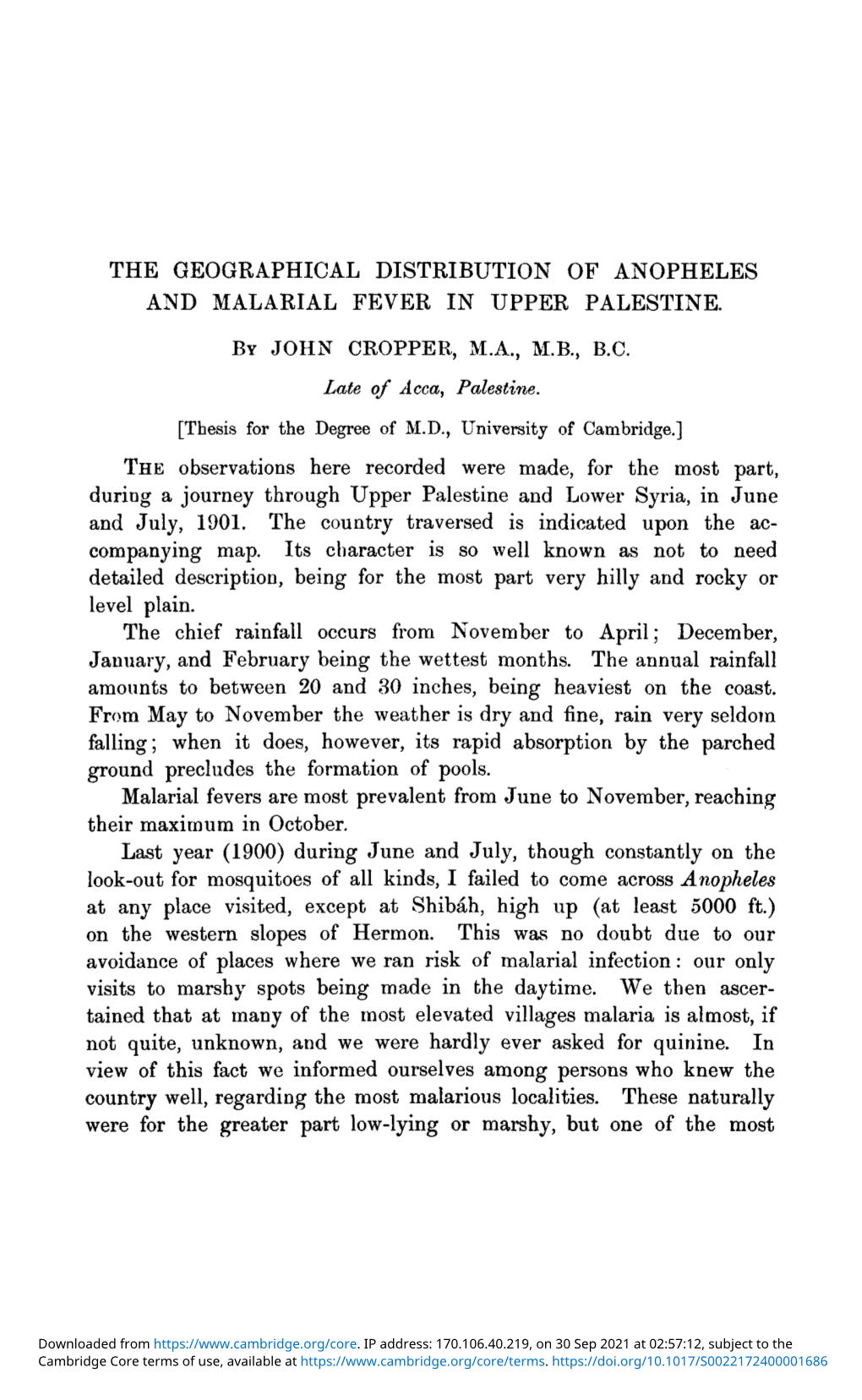 The Geographical Distribution of Anopheles and Malarial Fever in Upper Palestine