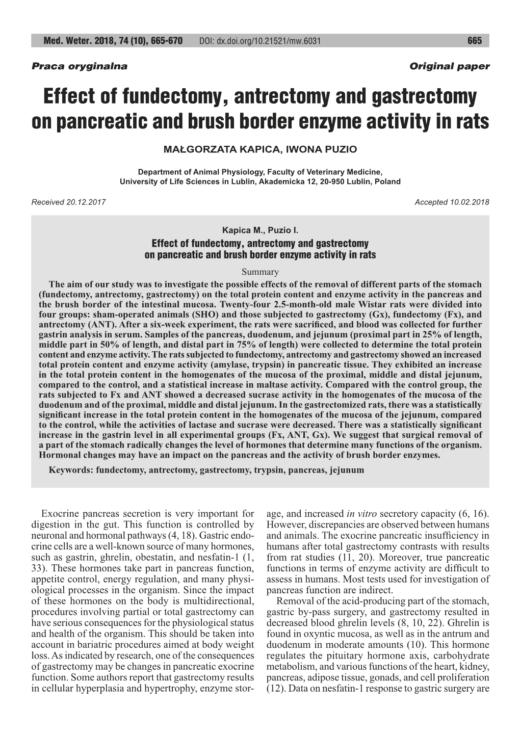 Effect of Fundectomy, Antrectomy and Gastrectomy on Pancreatic and Brush Border Enzyme Activity in Rats