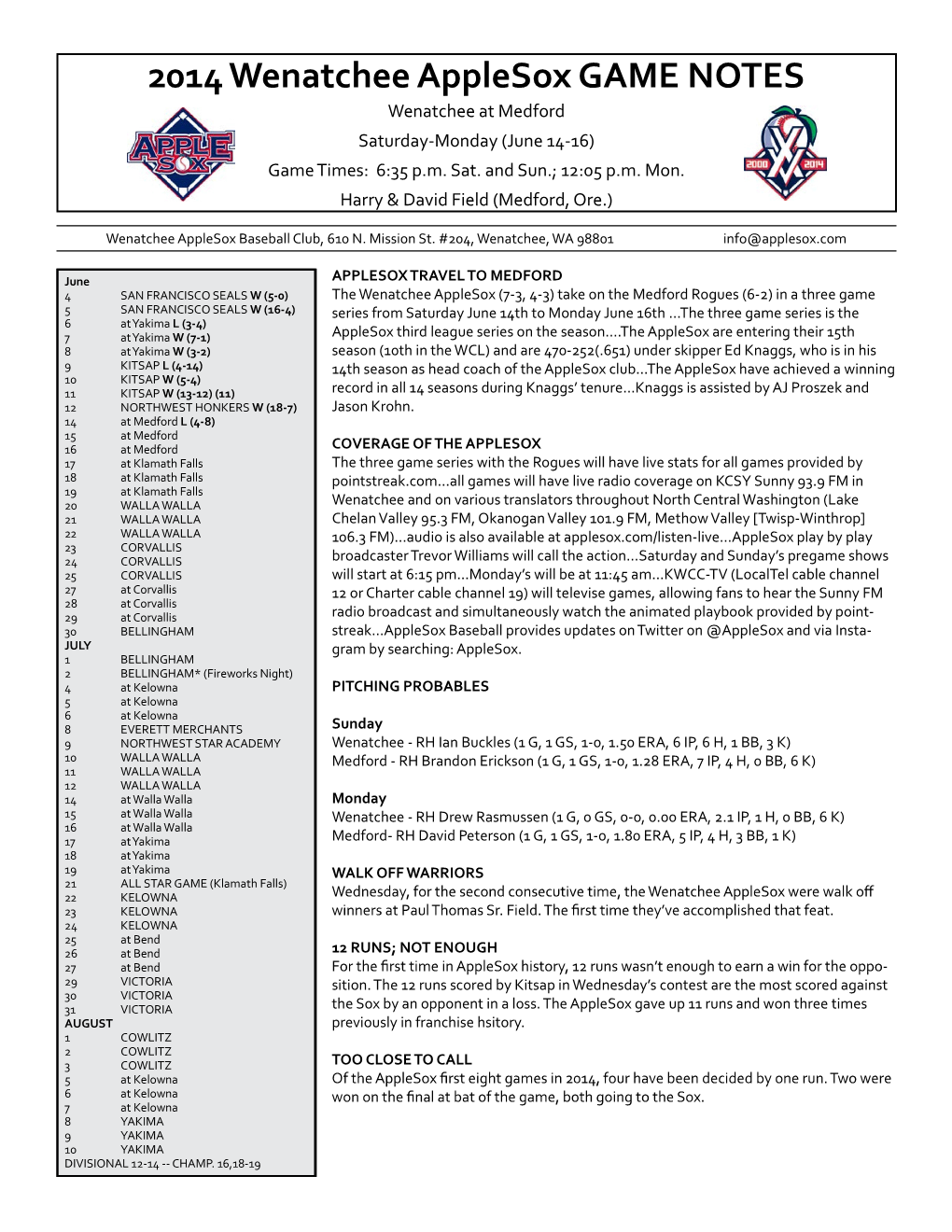 Medford Series Game Notes