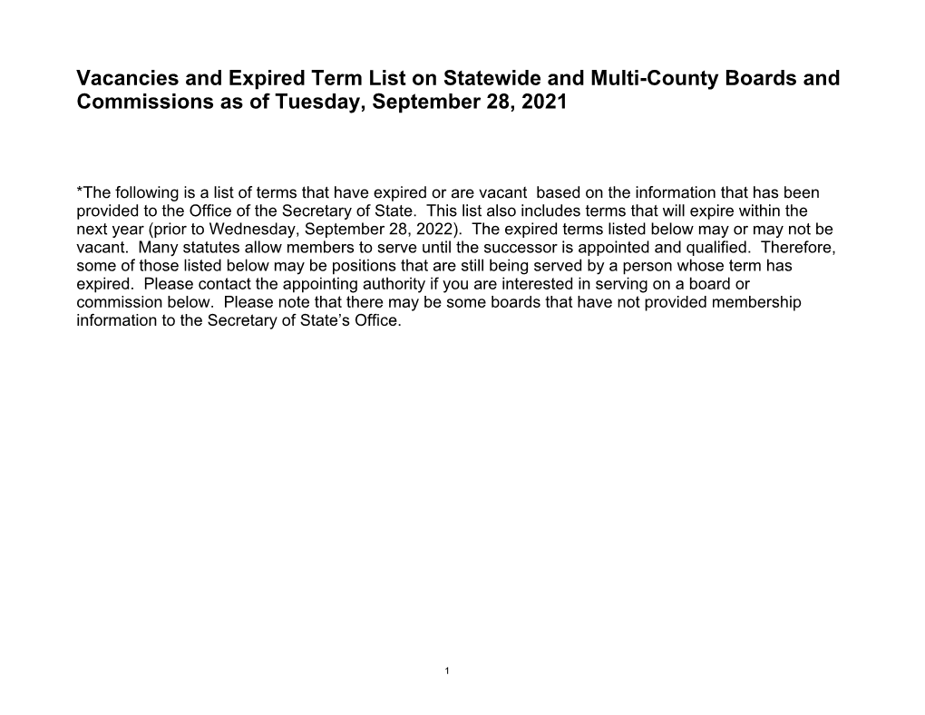 Vacancies and Expired Term List on Statewide and Multi-County Boards and Commissions As of Tuesday, August 31, 2021