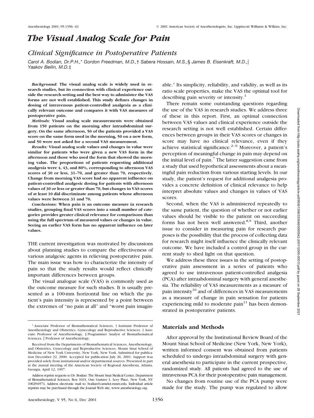 The Visual Analog Scale for Pain Clinical Signiﬁcance in Postoperative Patients Carol A