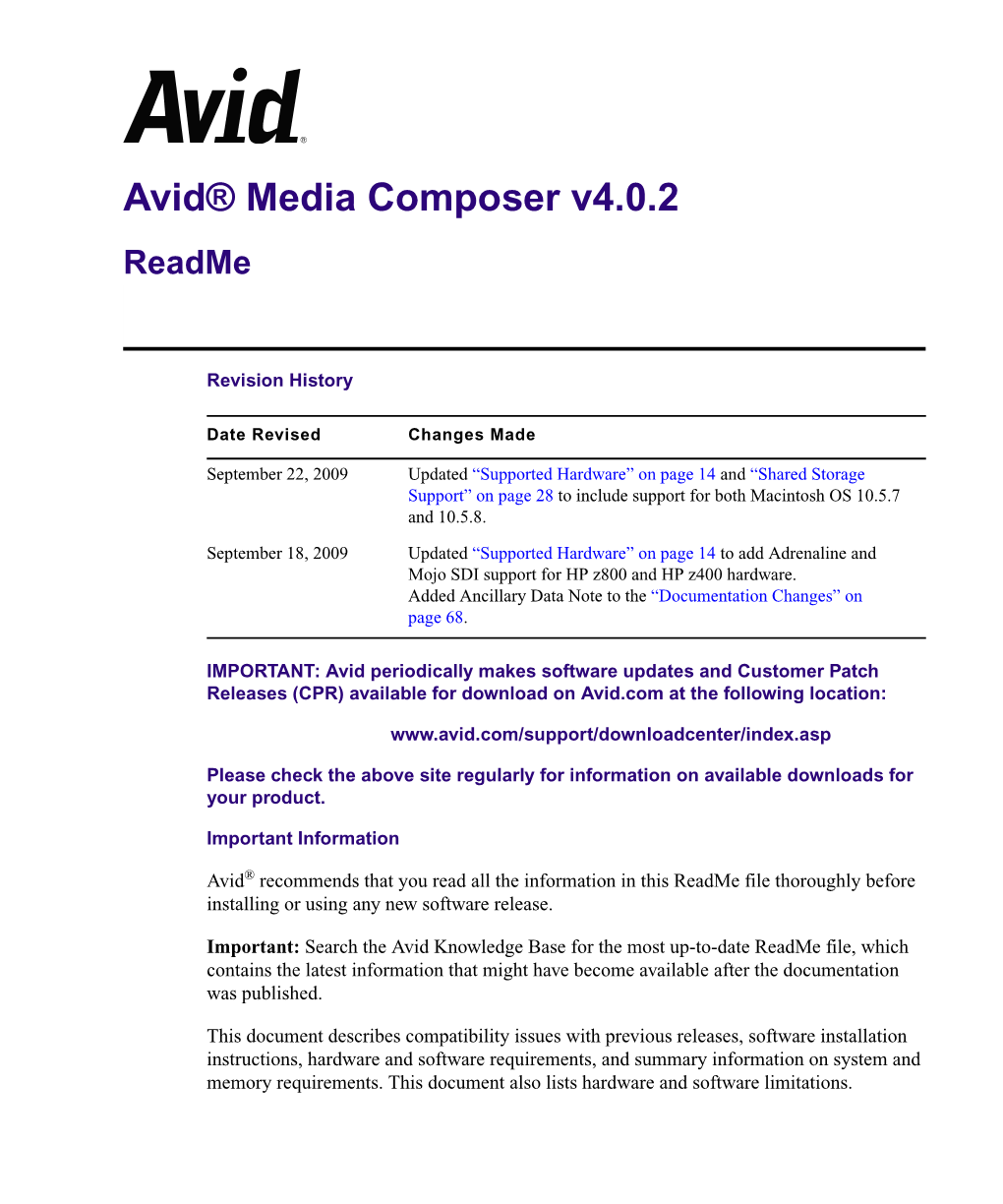 Avid® Media Composer V4.0.2 Readme