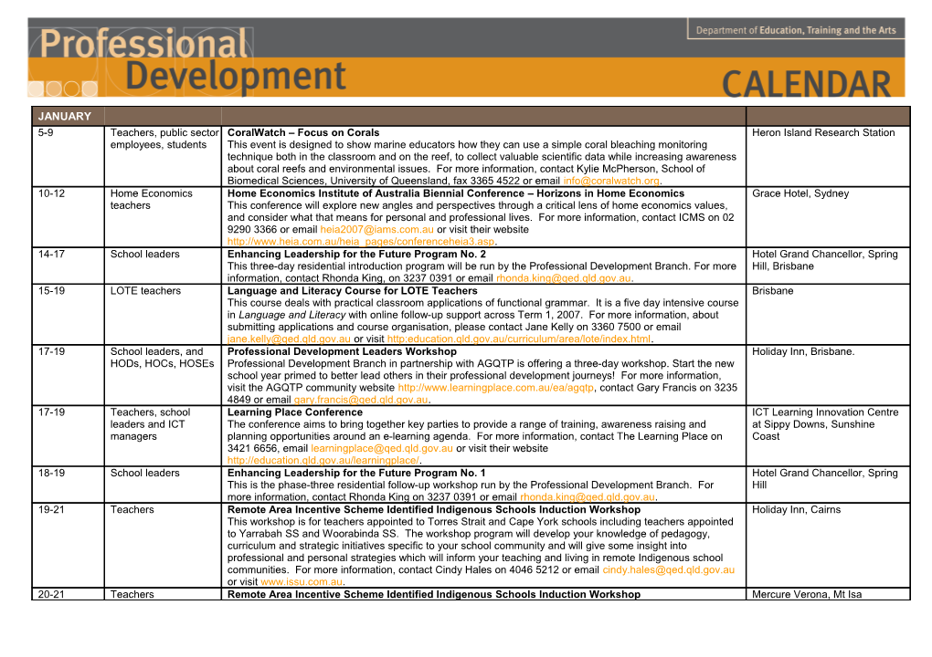 Professional Development Calendar of Events