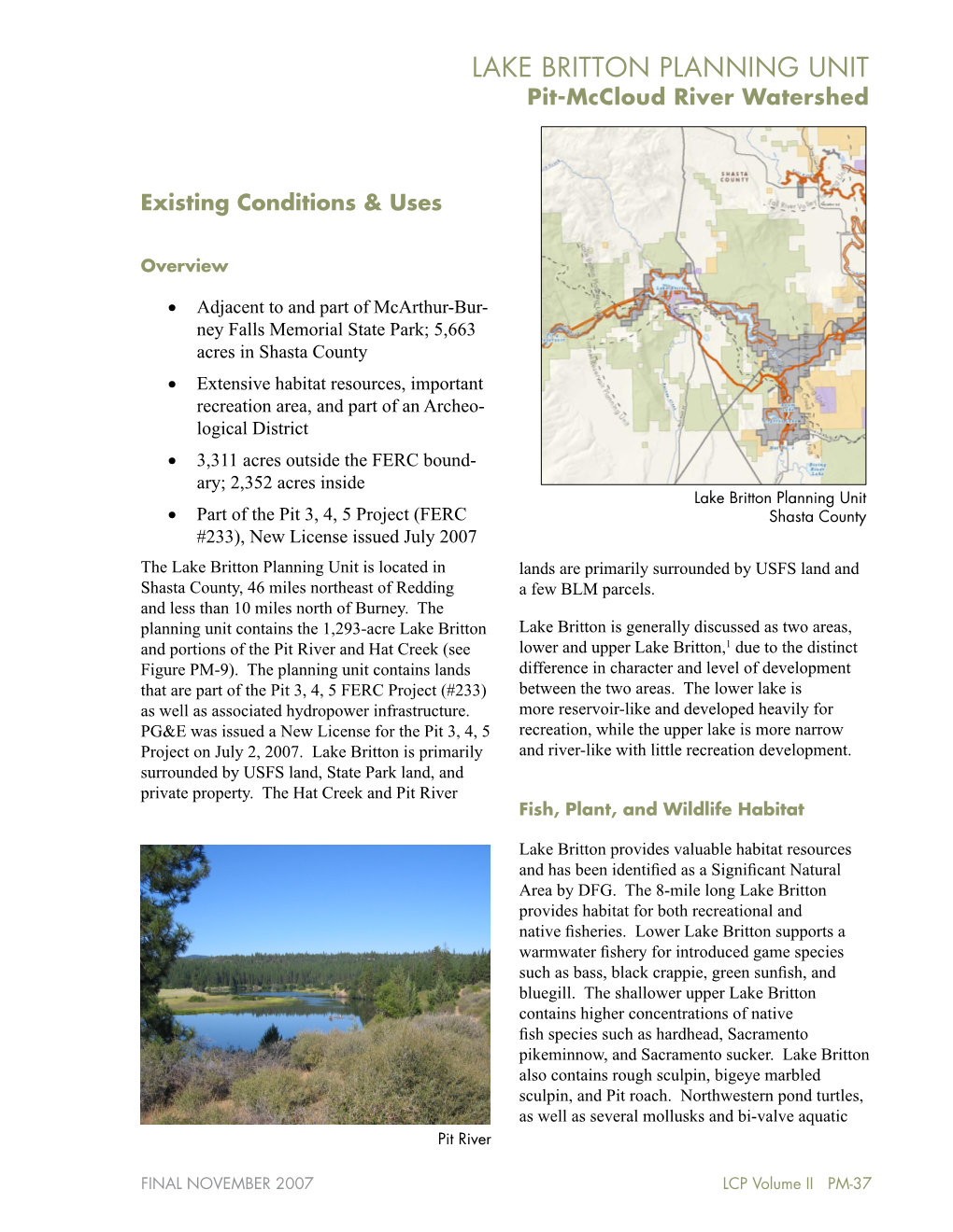 LAKE BRITTON PLANNING UNIT Pit-Mccloud River Watershed