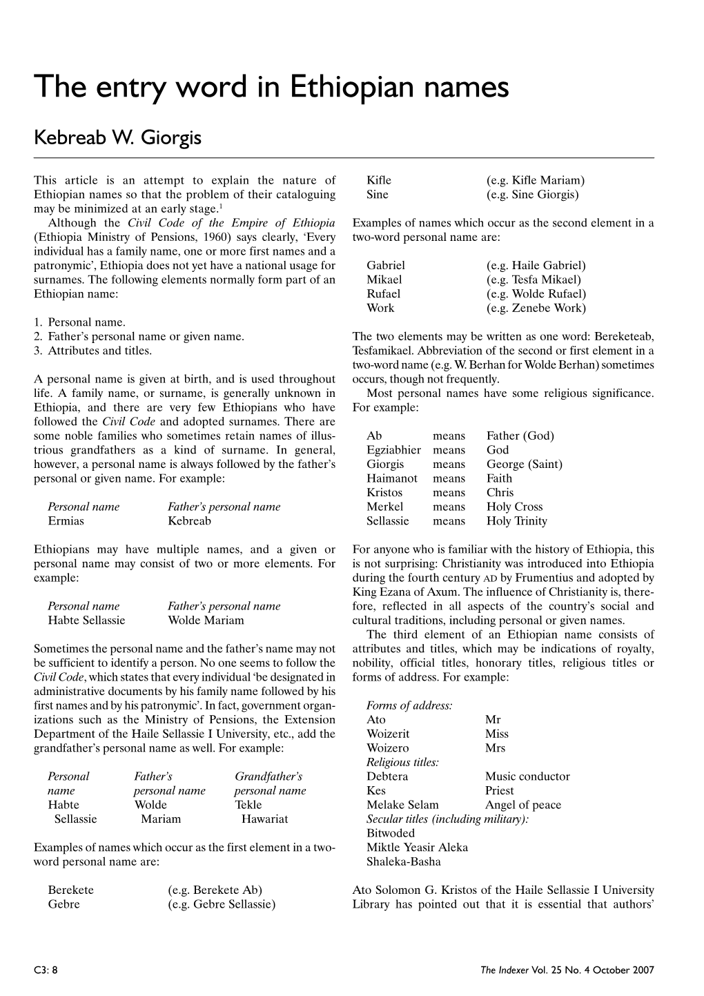 The Entry Word in Ethiopian Names