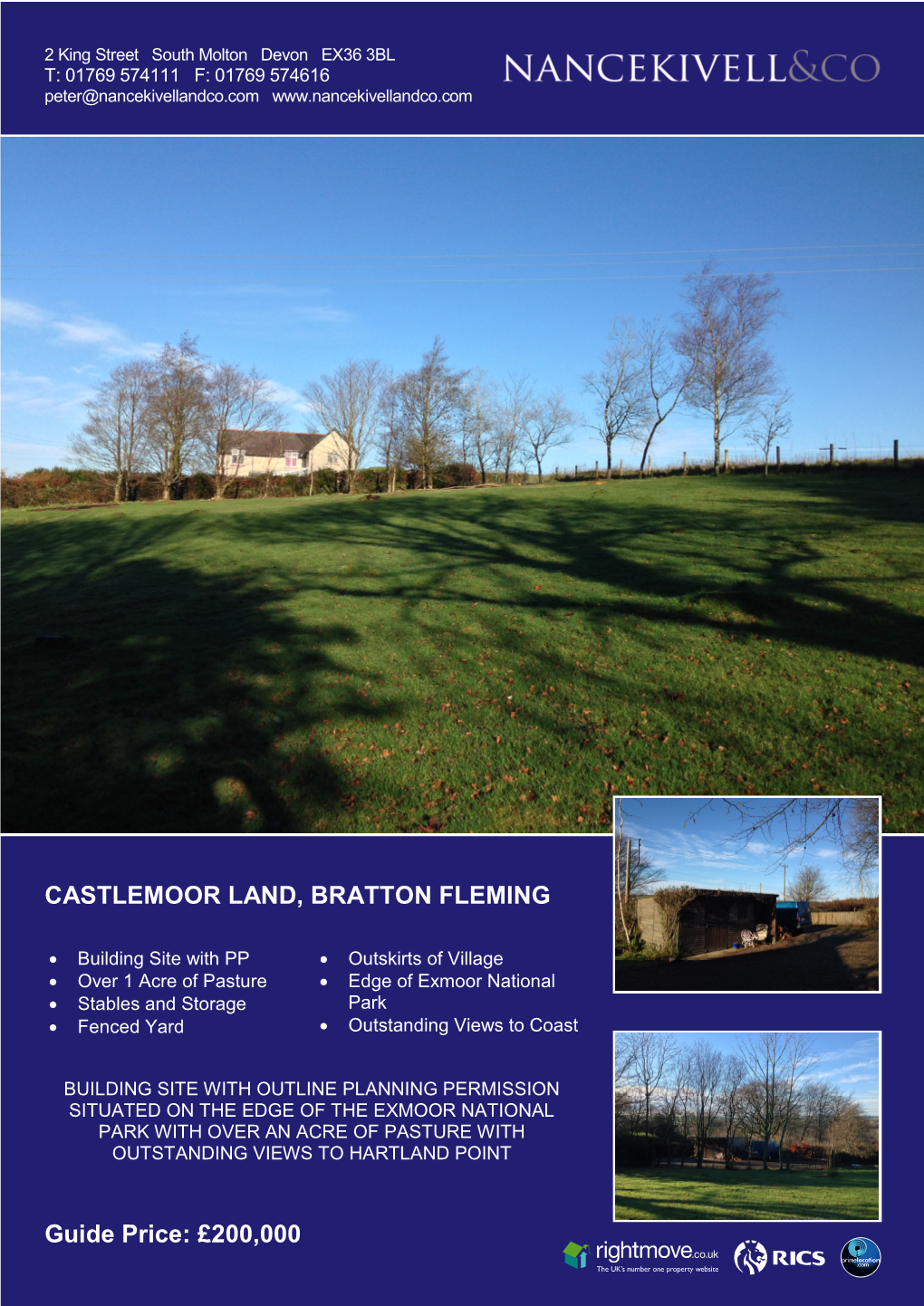 CASTLEMOOR LAND, BRATTON FLEMING Guide Price