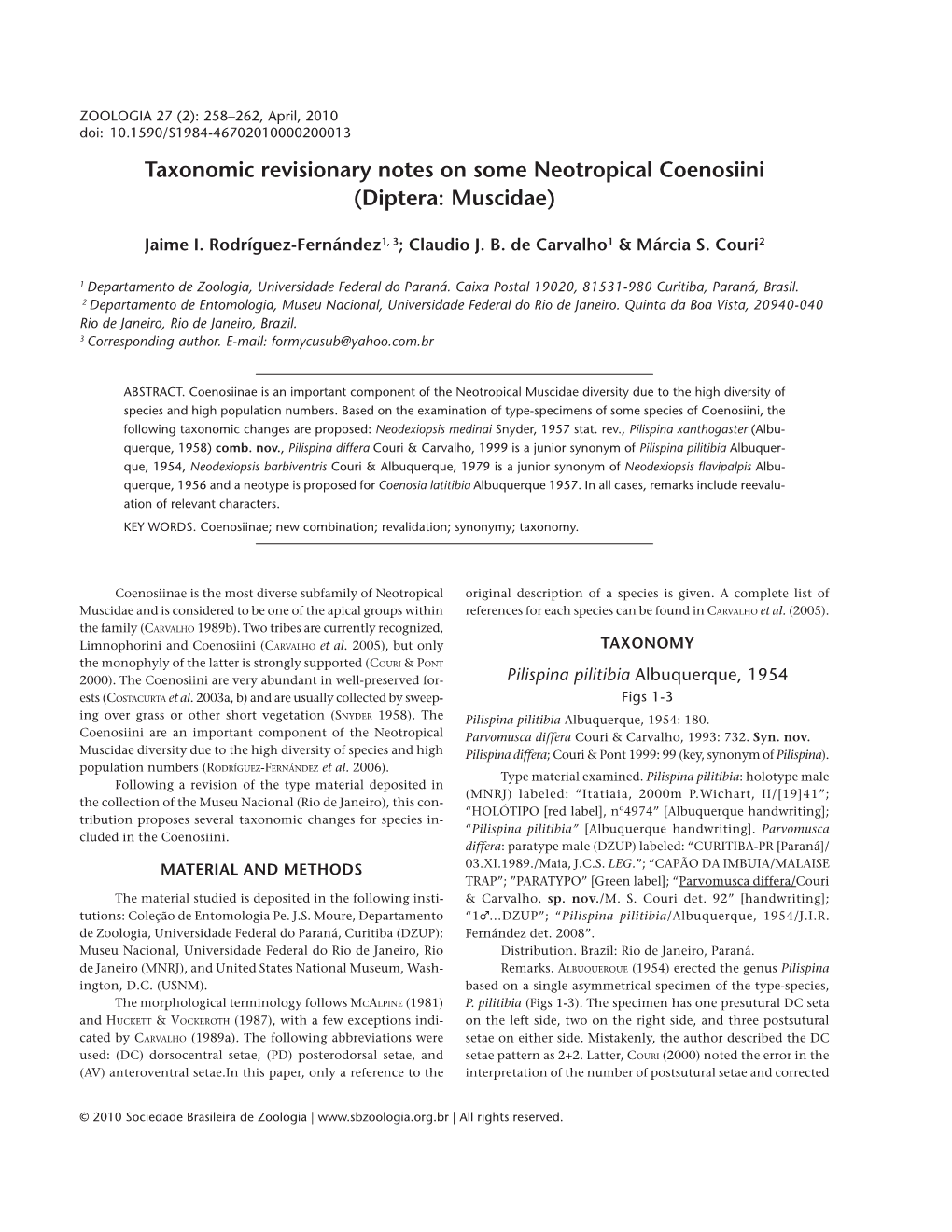 Taxonomic Revisionary Notes on Some Neotropical Coenosiini (Diptera: Muscidae)