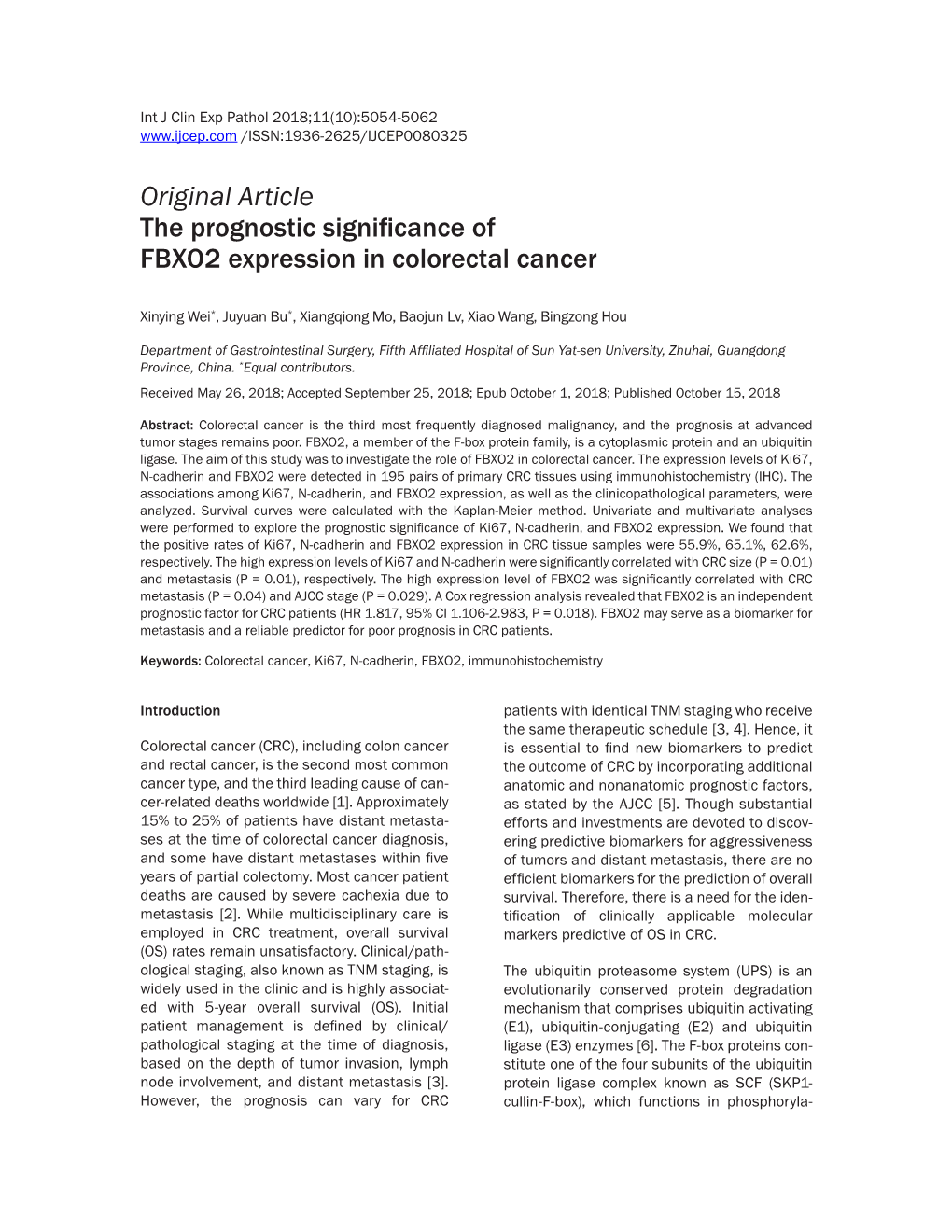 Original Article the Prognostic Significance of FBXO2 Expression in Colorectal Cancer