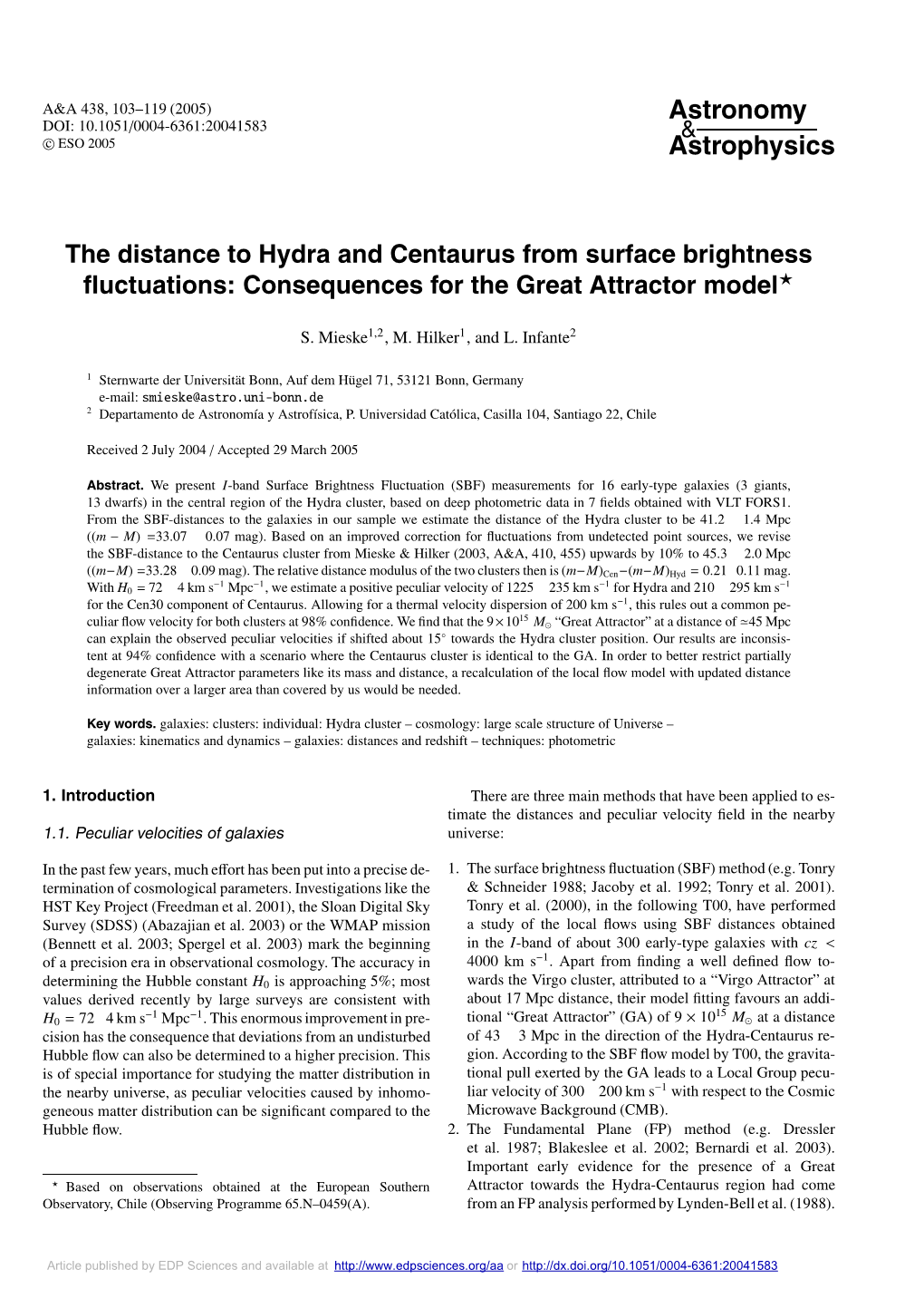 The Distance to Hydra and Centaurus from Surface Brightness Fluctuations