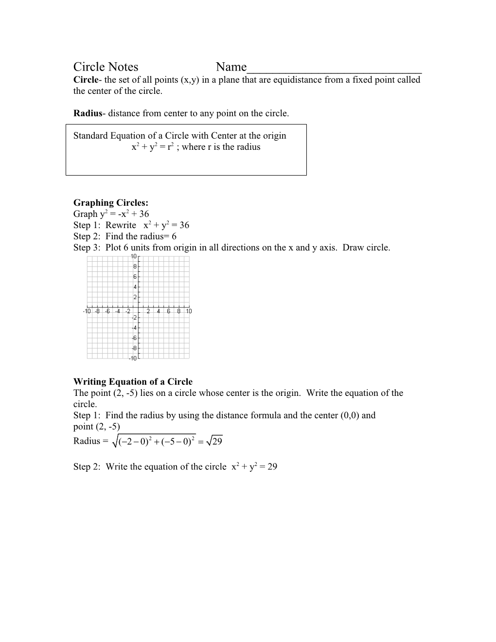 Circle- the Set of All Points (X,Y) in a Plane That Are Equidistance from a Fixed Point