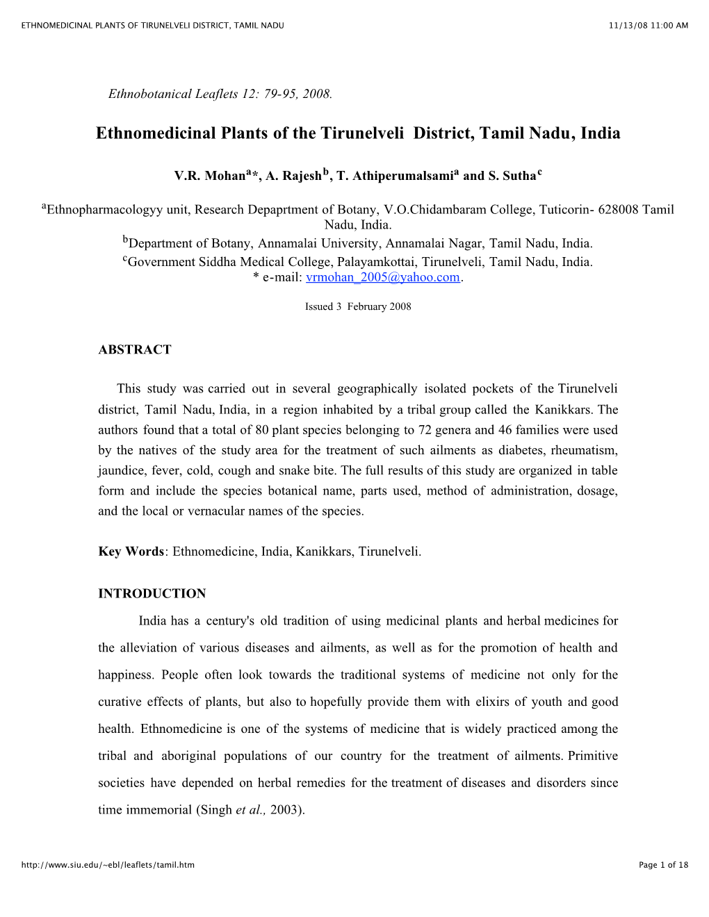 Ethnomedicinal Plants of the Tirunelveli District, Tamil Nadu, India