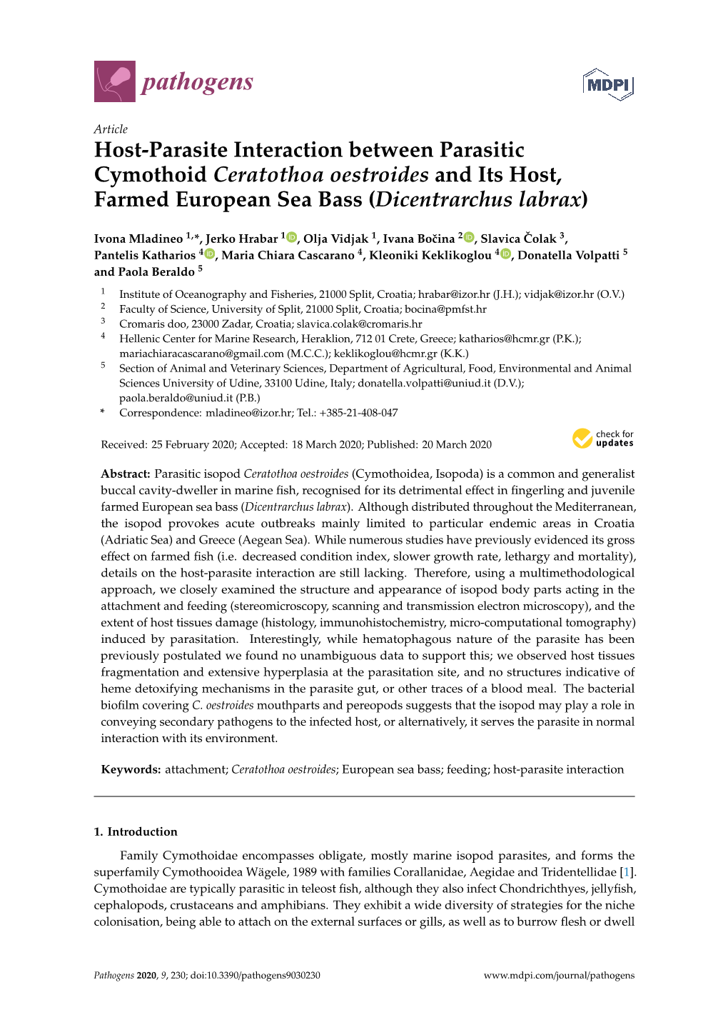 Host-Parasite Interaction Between Parasitic Cymothoid Ceratothoa Oestroides and Its Host, Farmed European Sea Bass (Dicentrarchus Labrax)