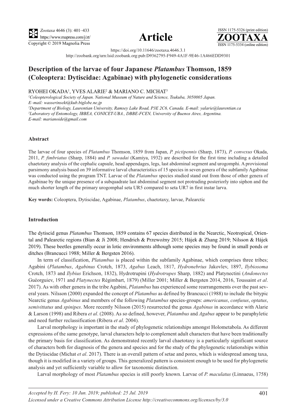 Description of the Larvae of Four Japanese Platambus Thomson, 1859 (Coleoptera: Dytiscidae: Agabinae) with Phylogenetic Considerations