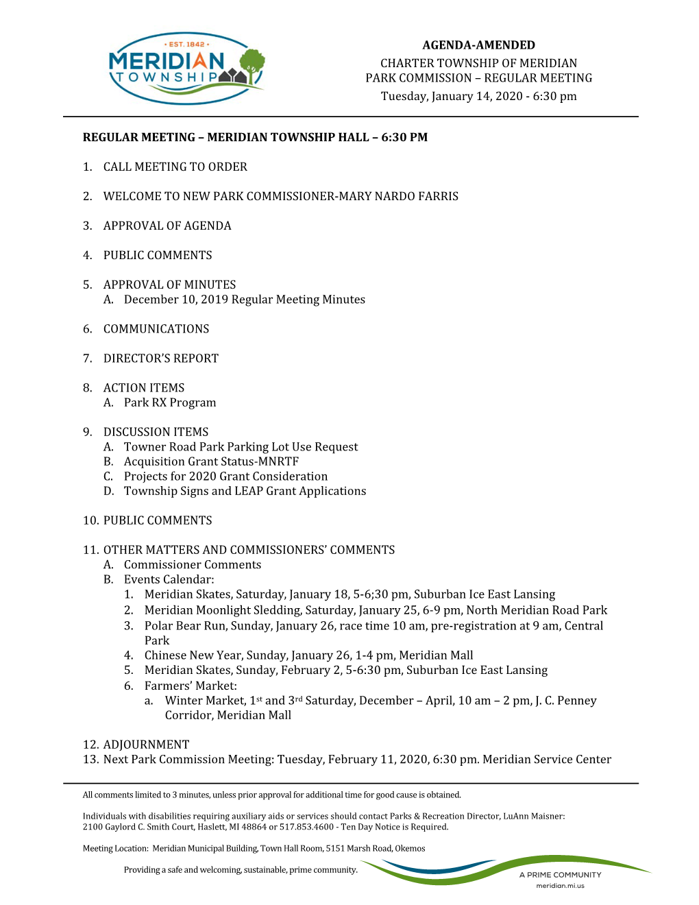 AGENDA-AMENDED CHARTER TOWNSHIP of MERIDIAN PARK COMMISSION – REGULAR MEETING Tuesday, January 14, 2020 - 6:30 Pm