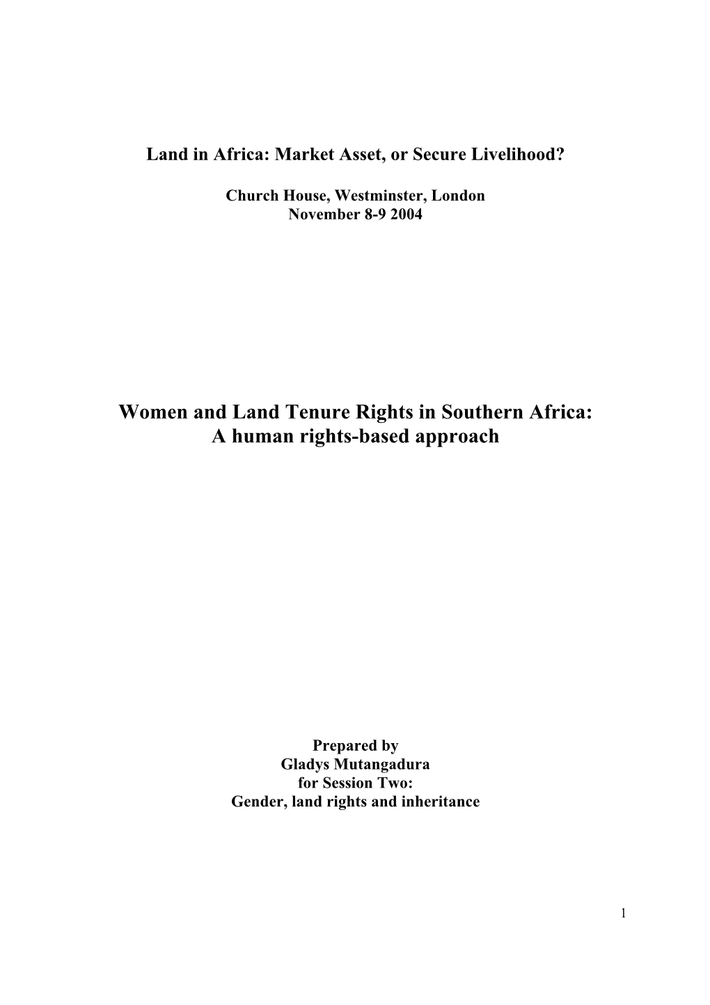 Women and Land Tenure Rights in Southern Africa: a Human Rights-Based Approach