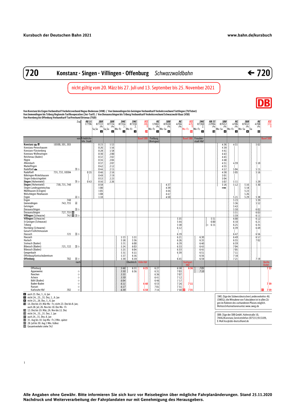 Konstanz - Singen - Villingen - Offenburg Schwarzwaldbahn � 720