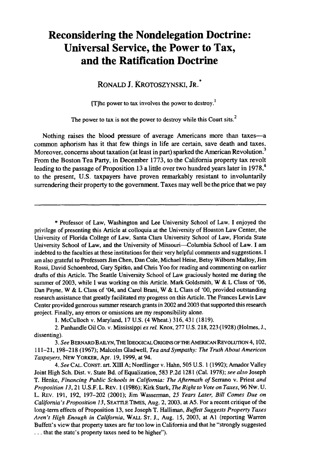 Reconsidering the Nondelegation Doctrine: Universal Service, the Power to Tax, and the Ratification Doctrine