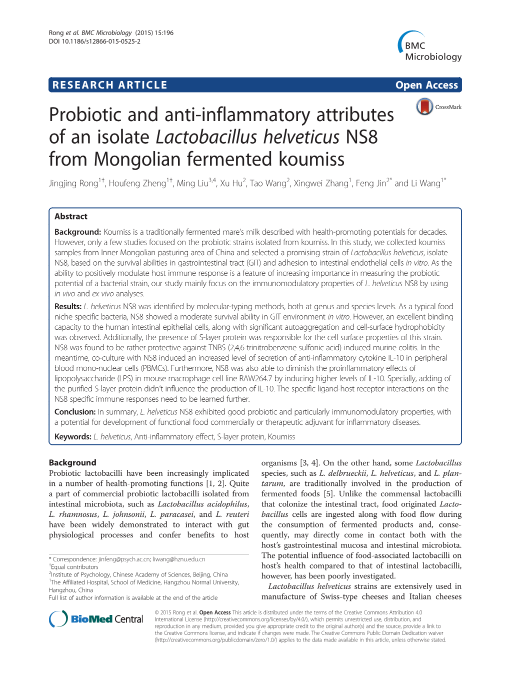 Probiotic and Anti-Inflammatory Attributes of an Isolate Lactobacillus