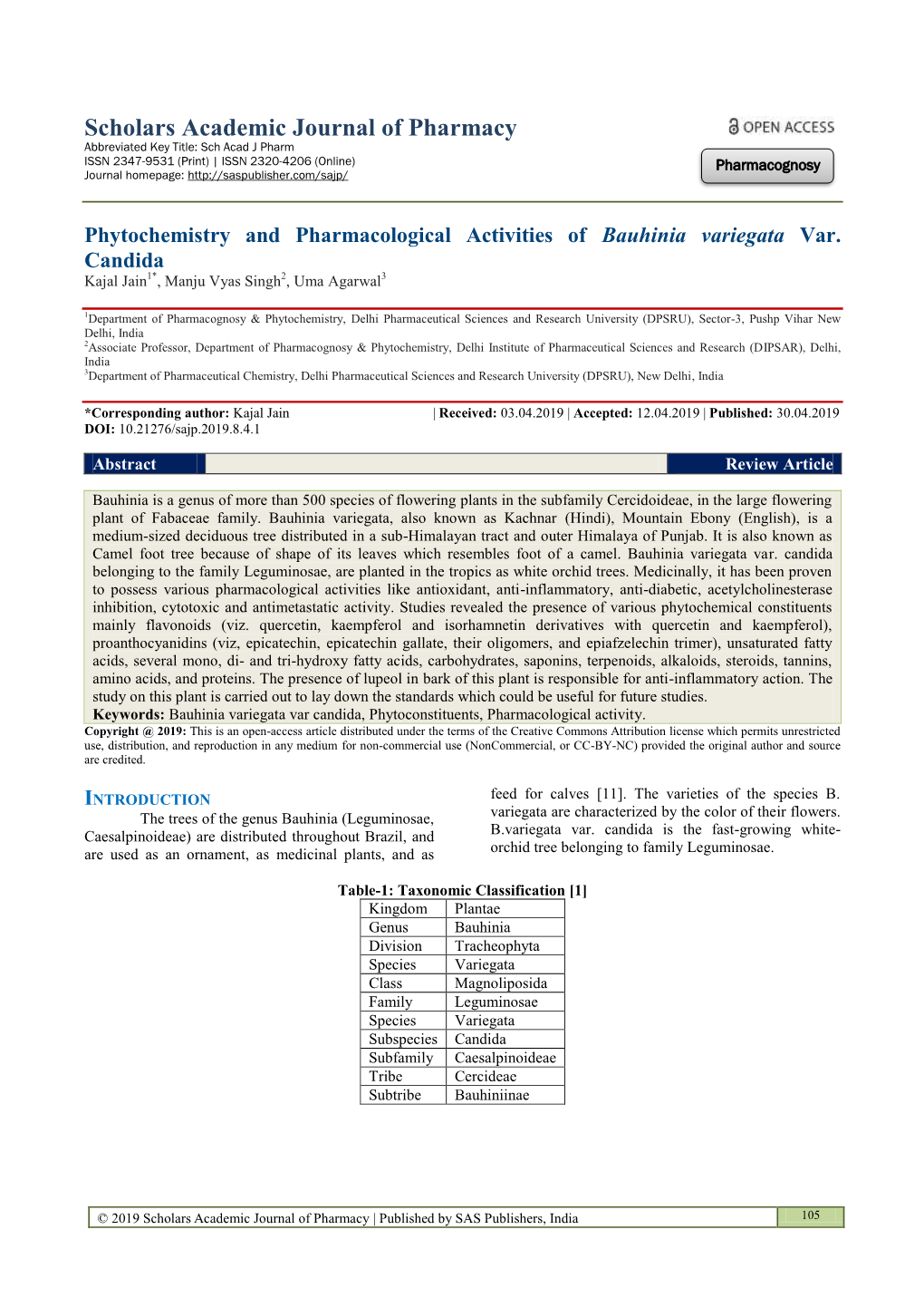 Phytochemistry and Pharmacological Activities of Bauhinia Variegata Var