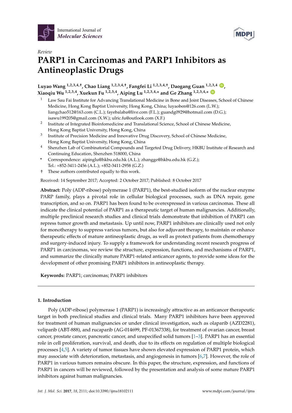 PARP1 in Carcinomas and PARP1 Inhibitors As Antineoplastic Drugs