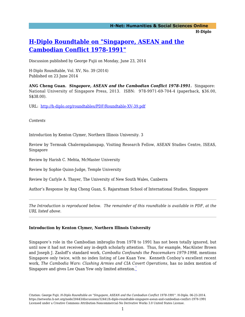 H-Diplo Roundtable on "Singapore, ASEAN and the Cambodian Conflict 1978-1991"