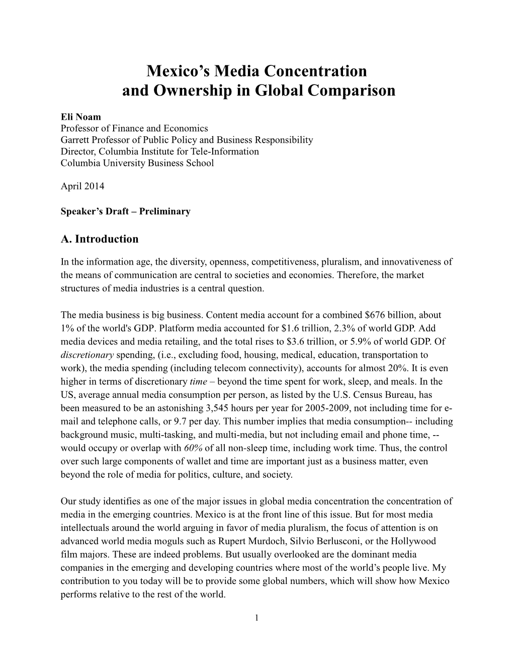 Mexico's Media Concentration and Ownership in Global Comparison