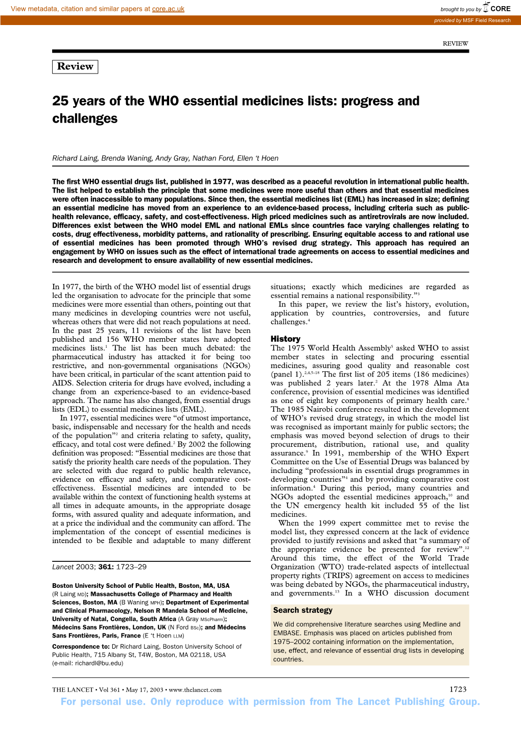 25 Years of the WHO Essential Medicines Lists: Progress and Challenges