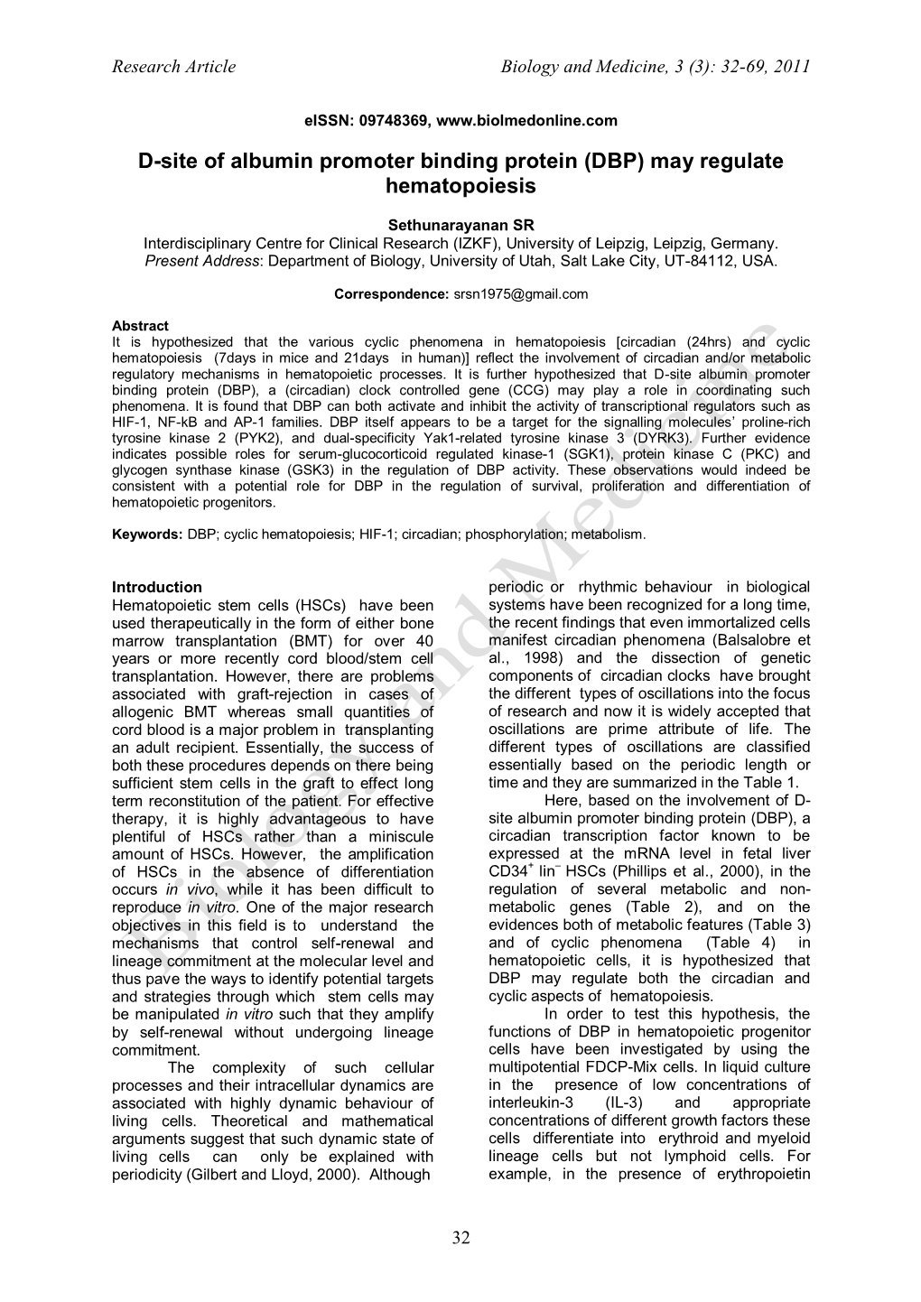 D-Site of Albumin Promoter Binding Protein (DBP) May Regulate Hematopoiesis