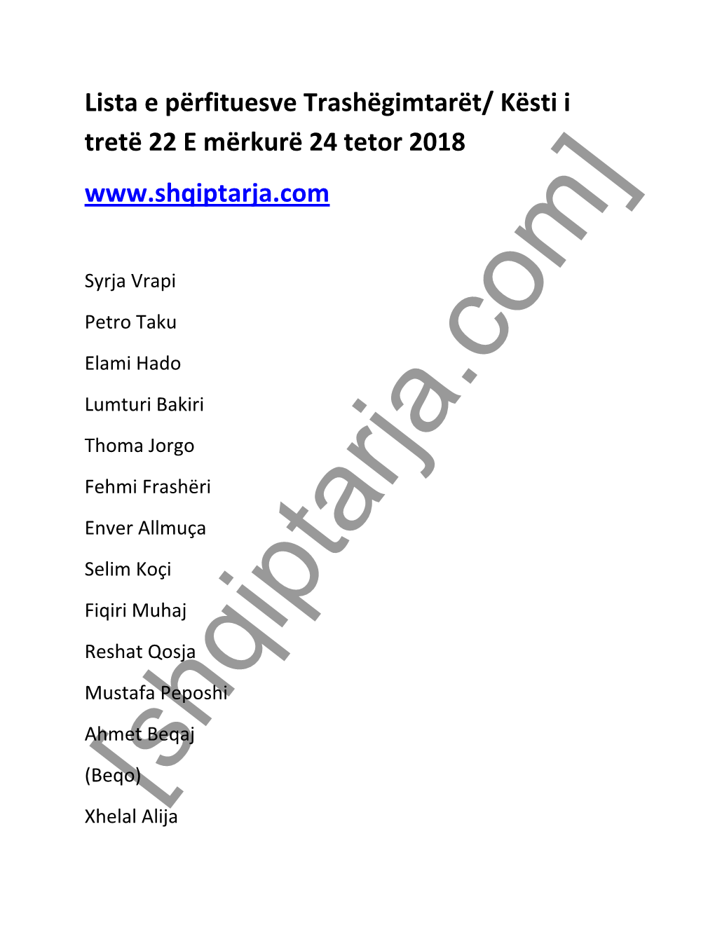 Lista E Përfituesve Trashëgimtarët/ Kësti I Tretë 22 E Mërkurë 24 Tetor 2018