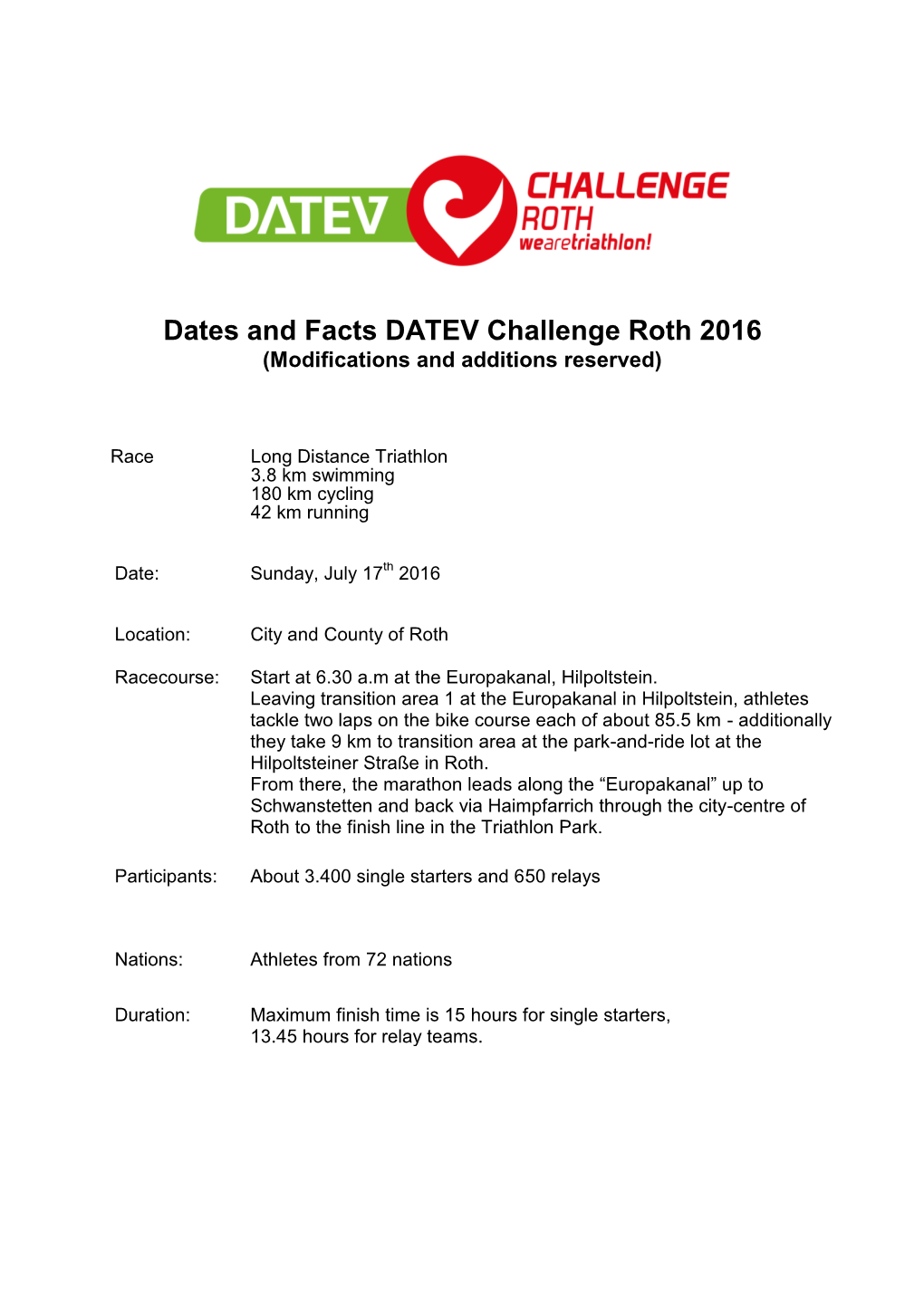 Dates and Facts DATEV Challenge Roth 2016 (Modifications and Additions Reserved)