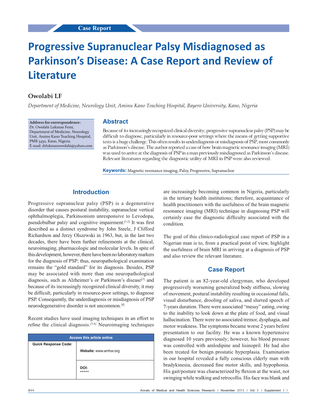 Progressive Supranuclear Palsy Misdiagnosed As Parkinson's