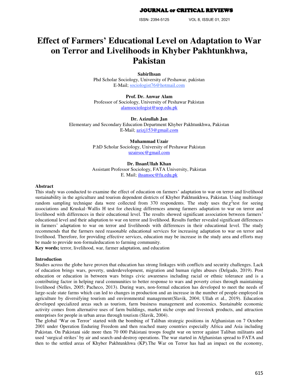 Effect of Farmers' Educational Level on Adaptation to War on Terror And