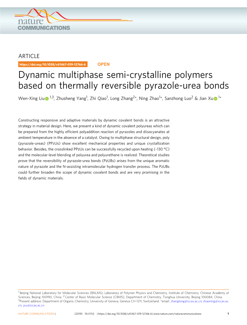 Dynamic Multiphase Semi-Crystalline Polymers Based on Thermally Reversible Pyrazole-Urea Bonds