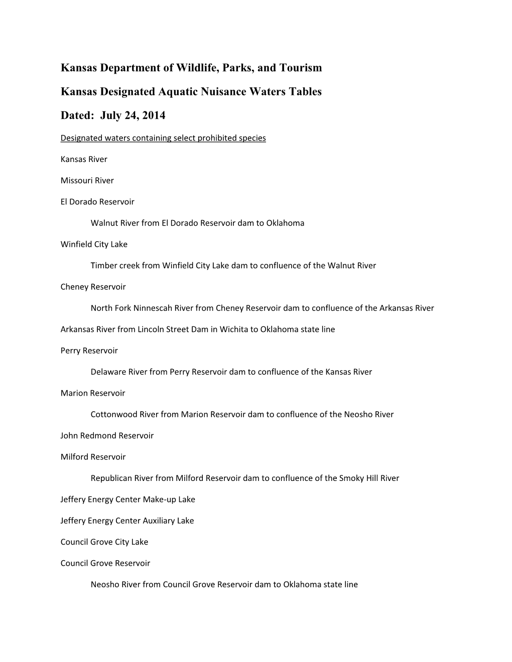 KDWPT Kansas Designated Aquatic Nuisance Waters Table