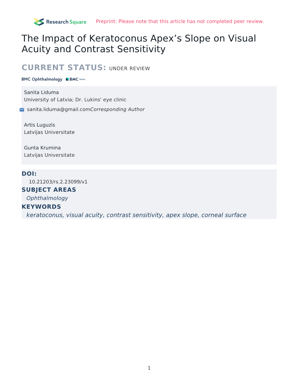 The Impact of Keratoconus Apex's Slope on Visual Acuity and Contrast