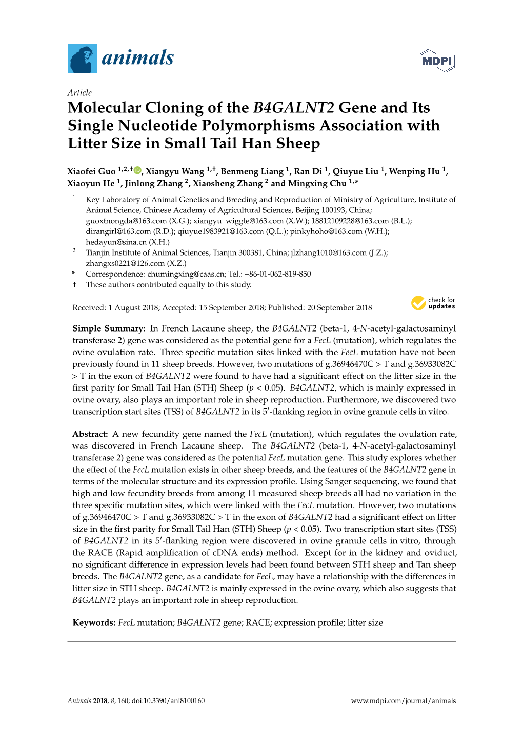 Molecular Cloning of the B4GALNT2 Gene and Its Single Nucleotide Polymorphisms Association with Litter Size in Small Tail Han Sheep